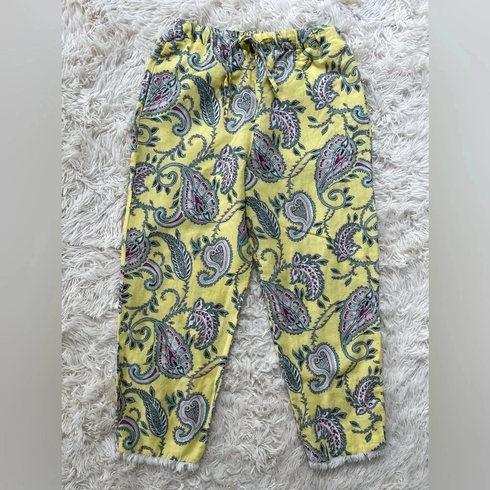 Zara paisley print linen cotton blend high waist pull on drawstrings yellow SX S